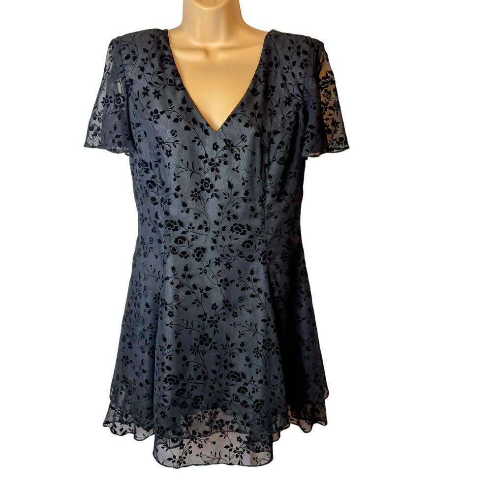 CDC Evening Romantic Goth Black Burnout Floral Dress Sheer Overlay Flutter 10